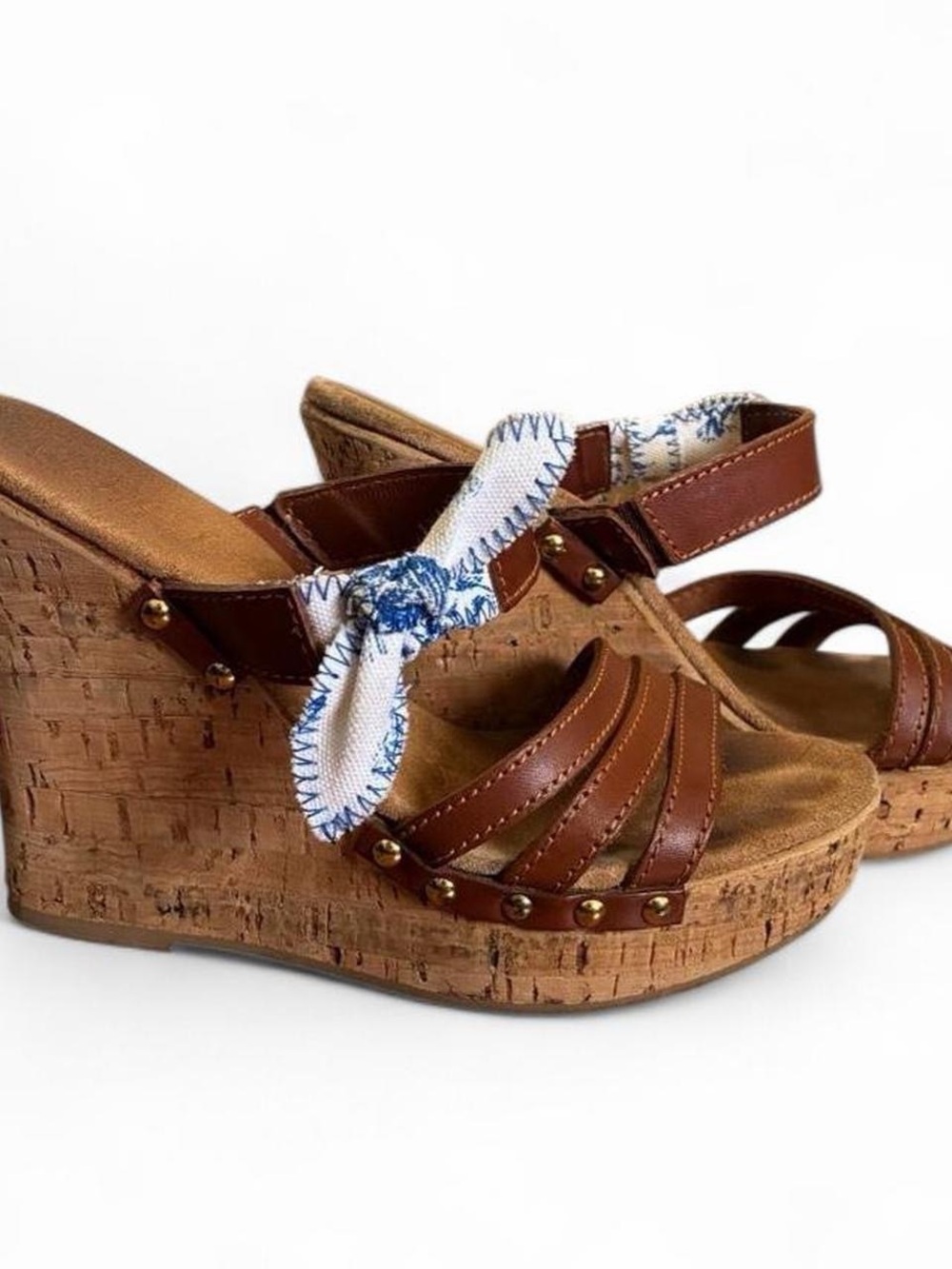 Miss Sixty Brown Cork Wedge Sandals with Blue-White Bow